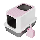 RIZZARI Enclosed Cat Litter Box: Large Top & Front Entry - High-Sided Anti-Scatter Design - Stainless Steel Odor Control - Easy Clean Non-Stick Coating- Pink Litter Pan